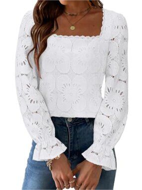 Women's Cotton Nylon Lace Crochet Boho Blouse Square Neck Puff Sleeve